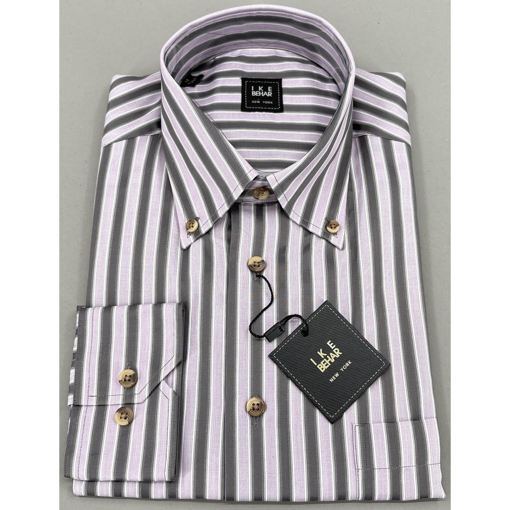 Ike Behar Shirt Mens Medium Purple Gray Stripe Regular Fit Dress Long Sleeve NEW